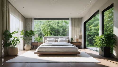 modern bedroom featuring large bed with white bedding soft lighting and large windows that provide view of greenery outside minimalist design creates serene atmosphere
