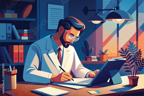 Focused Doctor Working Late in Office