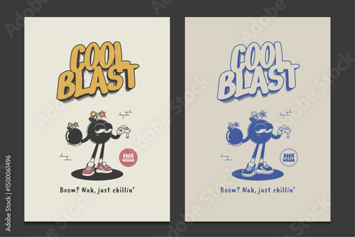 retro poster or graphic t-shirt design with a cartoon bomb character in chill vibes, vector illustration