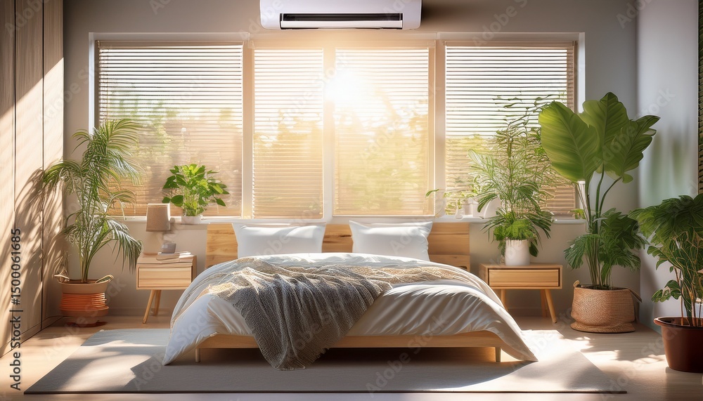 Fototapeta premium cozy sunlit bedroom with indoor plants and air conditioner by window blinds