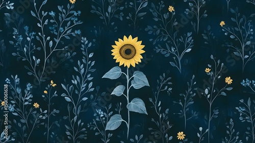 Elegant Sunflower and Delicate Floral Pattern on Dark Blue Background