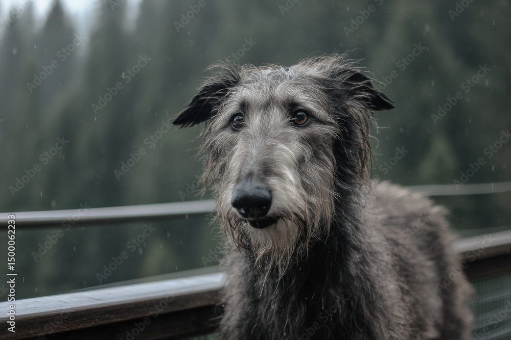 Fototapeta premium Grey dog stands near wooden railing under light rain in lush forest setting during overcast weather