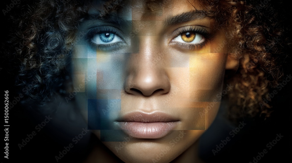 Close-up of a woman's face with dual-colored eyes and digital overlay effects Close-up of a woman's face with dual-colored eyes and digital overlay effects