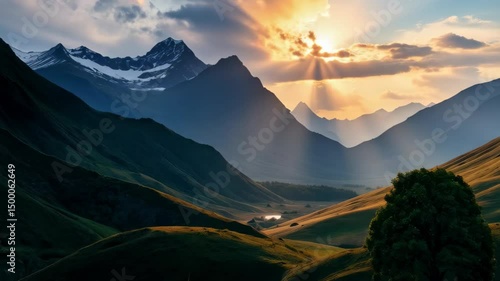 A stunning mountain sunset paints the sky with vibrant colors, casting shadows across the landscape