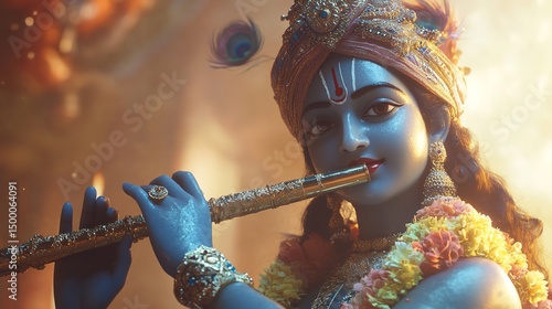 Captivating depiction of Lord Krishna playing the flute evoking devotion on transparent background