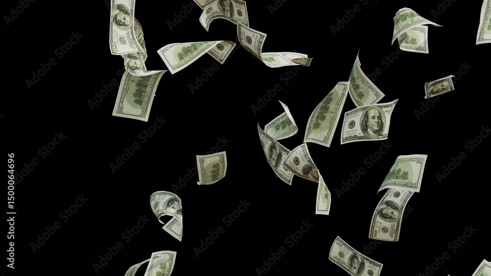 3D dollars note falling down animation video. Money Raining for transparent alpha channel 4k video. 