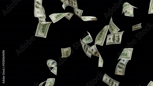 3D dollars note falling down animation video. Money Raining for transparent alpha channel 4k video. 