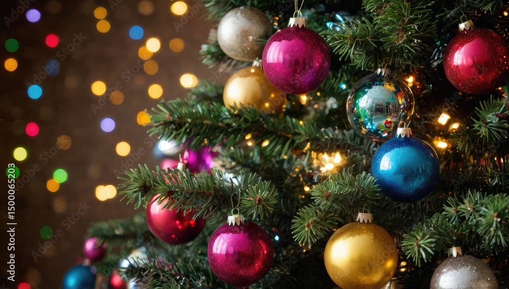 Obraz premium Decorated Christmas tree with twinkling lights and colorful ornaments