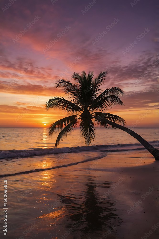 Obraz premium Spectacular Sunset Over Tropical Beach with Palm Tree Silhouette