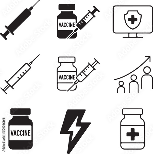 Vaccine Icon Set – Step-by-Step Vaccination Symbols Vector Illustration

