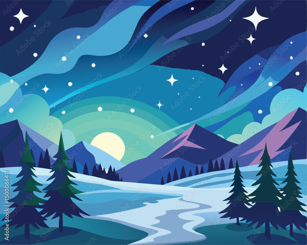 Fototapeta premium Majestic Winter Landscape. Aurora Borealis over Snowy Mountains