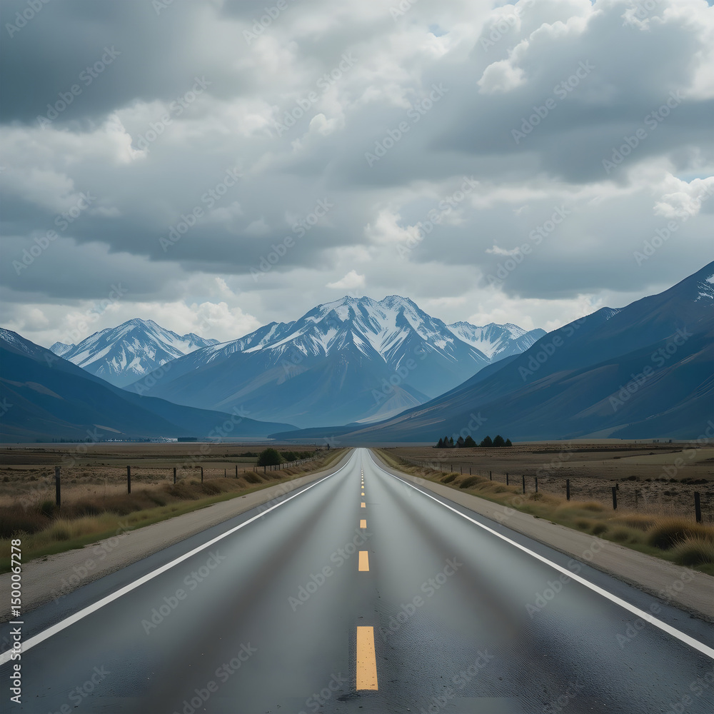 Naklejka premium Scenic Highway Winding Through Snowy Mountain Range.A sweeping vista of a paved highway stretching into the distance, framed by a majestic mountain range capped with snow.