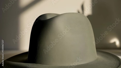 A gray hat sits on a clean surface, bathed in soft light, casting interesting shadows and textures