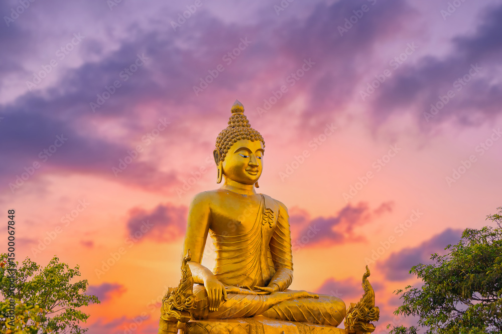 Obraz premium Magnificent golden buddha statue at sunset on Phuket, Thailand