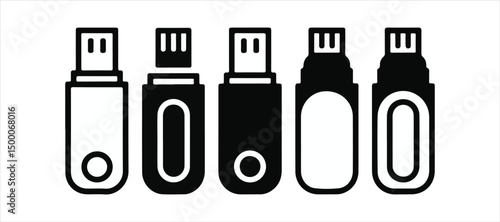 usb pen drive hand drawn illustration on white background. usb drive silhouette vector icon set.