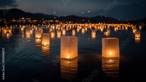 Floating lanterns illuminate the tranquil waters during yi peng festival night