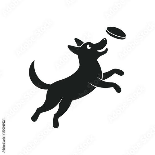 Jumping Puppy Catching Frisbee Silhouette Vector