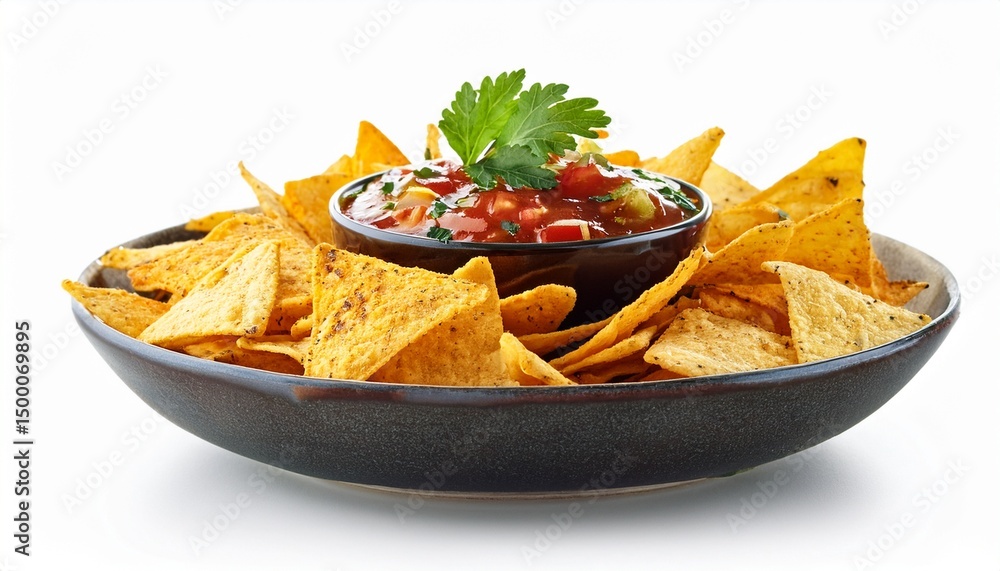 bowl of tortilla chips with salsa and cilantro appetizer snack or party food isolated on white bowl of tortilla chips with salsa and cilantro appetizer snack or party food isolated on white