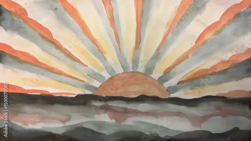 Amanecer abstracto con rayos y montañas en estilo acuarela  