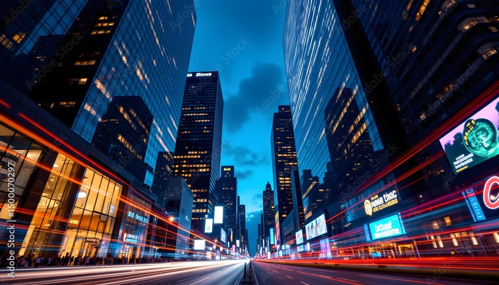 Obraz premium Vibrant City Lights Under Skyscrapers at Nighttime