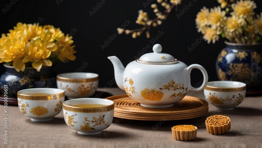 Elegant porcelain tea set surrounded by mooncakes and osmanthus flowers, Mid-Autumn theme Elegant porcelain tea set surrounded by mooncakes and osmanthus flowers, Mid-Autumn theme