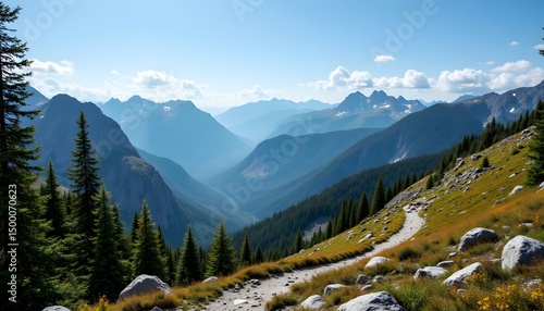 Scenic Hiking Trail in Majestic Mountain Landscape under Blue Skies