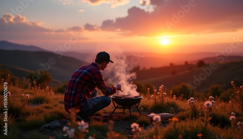 Scenic Sunset Cooking with Portable Grill in Nature Setting