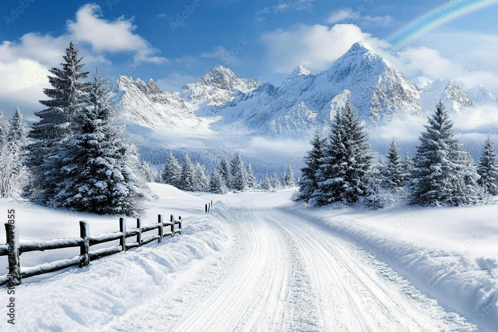 Snowy landscape features a vibrant rainbow arching over majestic mountains and a winding path through thick snow Snowy landscape features a vibrant rainbow arching over majestic mountains and a winding path through thick snow