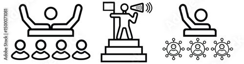 Leadership icon set. Human organization leader structure hierarchy. Mentorship, coaching, charisma, head, lead, chairman, manager. Vector illustration.