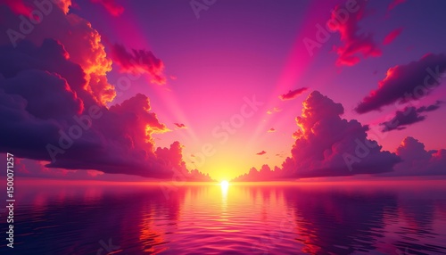 Vibrant Sunset Over Water with Colorful Painted Clouds Reflection