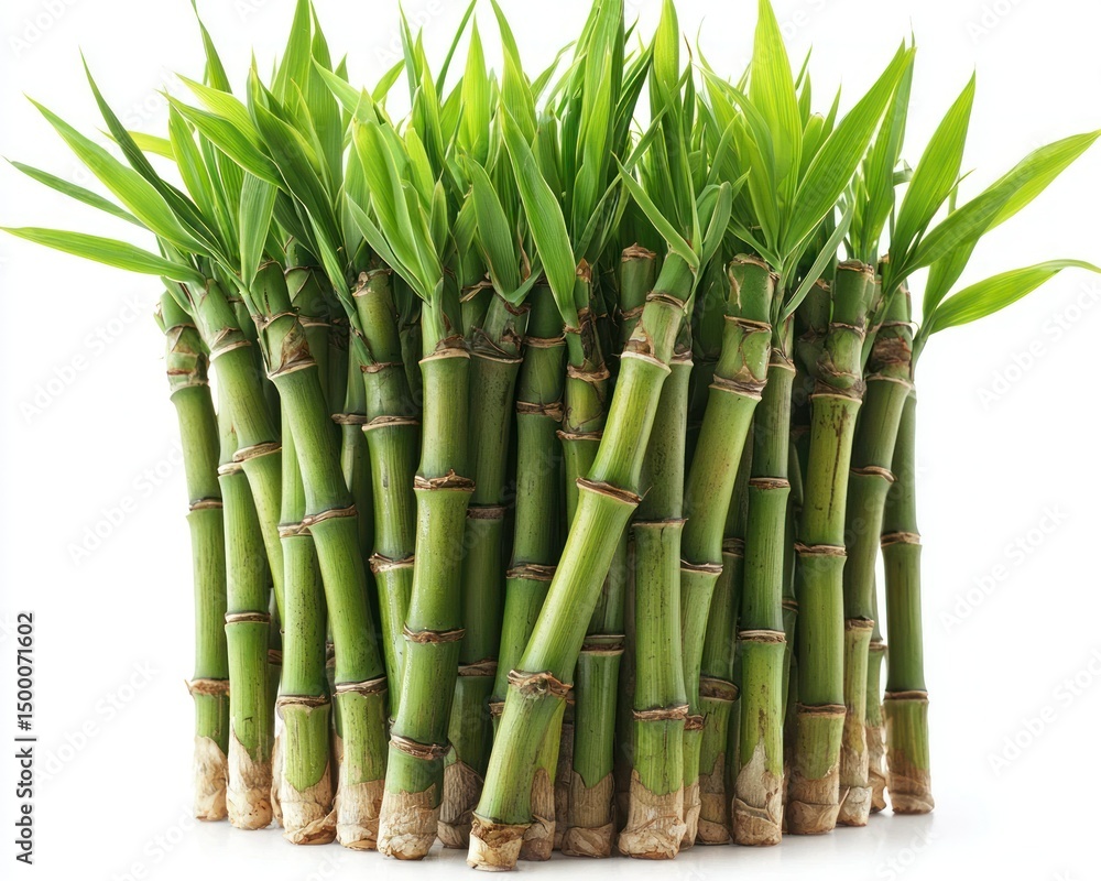 Obraz premium Bunch of green bamboo stalks with leaves on white background