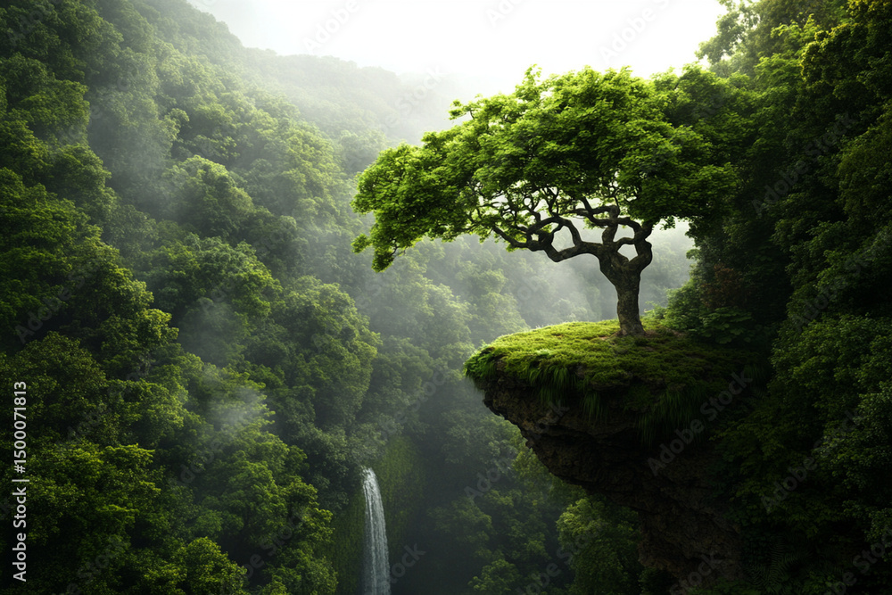 Obraz premium Surreal landscape featuring floating waterfalls in a vibrant green forest during a mystical twilight