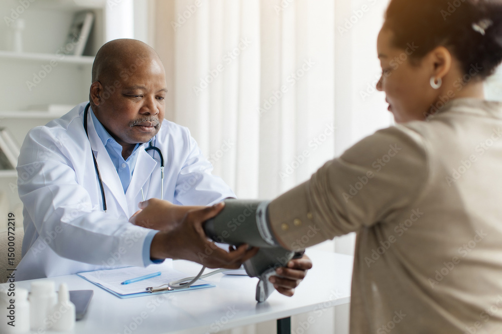 Obraz premium Mature Black Doctor Man Checking Blood Pressure To Female Patient With Upper Arm Monitor, Professional Physician Male In Uniform Measuring Arterial Tension To Young Woman During Appointment In Clinic