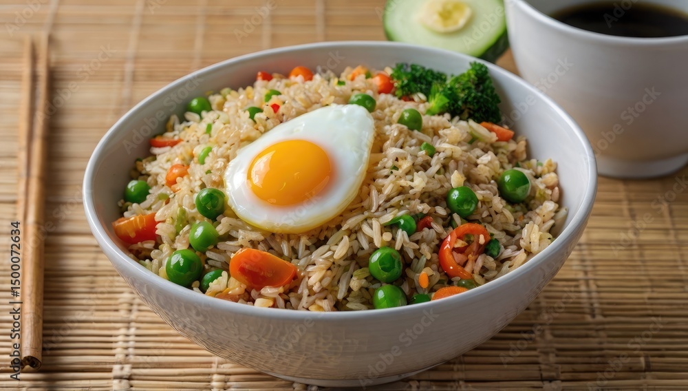 Flat lay of Chinese fried rice with vegetables and egg, served in a white bowl on a bamboo mat. Flat lay of Chinese fried rice with vegetables and egg, served in a white bowl on a bamboo mat.