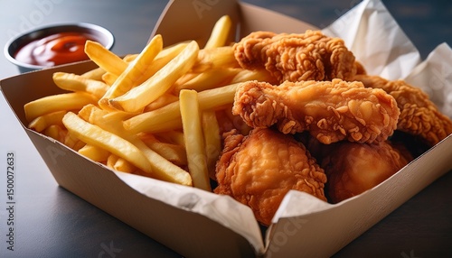 close up of crispy fried chicken tenders and golden french fries in a cardboard box on a table