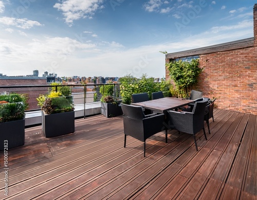modern rooftop terrace panorama featuring dark wood deck flooring plants brick fence and black garden furniture