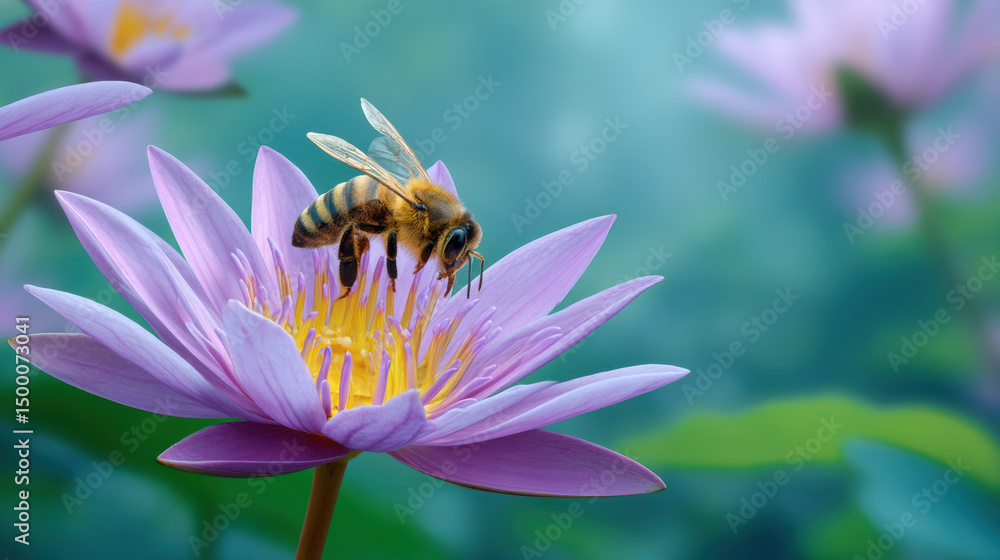 A honeybee delicately perched atop a vibrant purple lotus flower, gathe nectar in a serene garden setting with a soft, dreamy background, basking in sunlight. A honeybee delicately perched atop a vibrant purple lotus flower, gathe nectar in a serene garden setting with a soft, dreamy background, basking in sunlight.