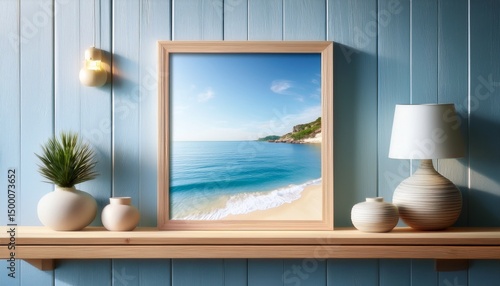 a dynamic 3d wall frame mockup with floating shelves against a coastal seascape backdrop providing a serene space for showcasing coastal artwork or beach inspired prints