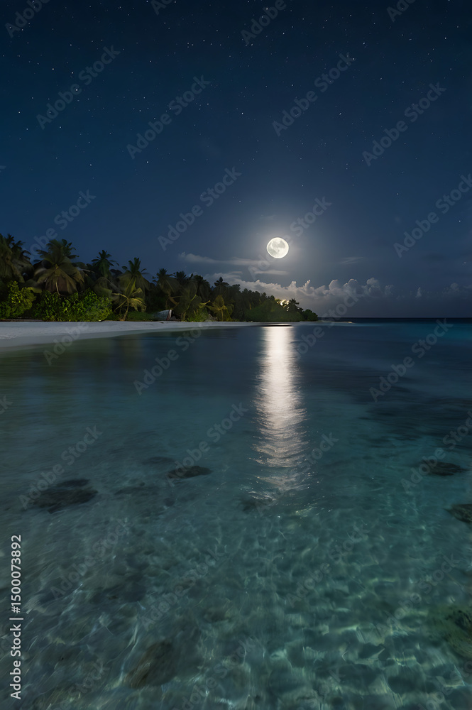 Fototapeta premium Serene Night Full Moon over Tropical Beach and Crystal Clear Ocean