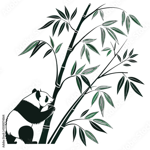 Black & white panda beside the bamboo tree for climbing