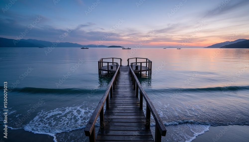 Fototapeta premium Serene Wooden Pier Extending into Calm Waters During Twilight for Travel Blogs, Nature Websites, Meditation Content, and Landscape Articles 