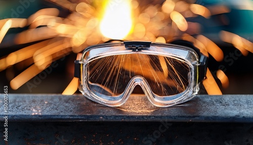 a close up of safety goggles resting on a metal railing with sparks from welding in the background