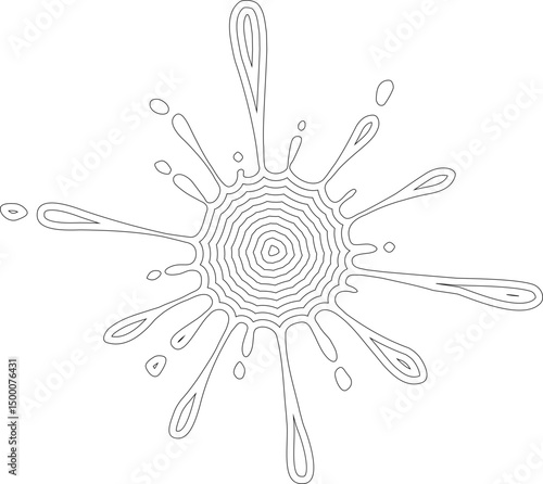 Drop-shaped ink splash with concentric outlines and scattered spatter textures forming a dynamic droplet.