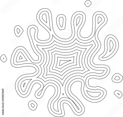 Concentric outline made from dispersed ink spray marks forming a layered, mist-like visual structure.