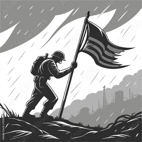 Triumph in the Rain Soldier Raising Flag Pixel Art Style