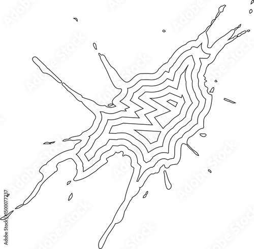 Concentric pattern built from linear ink strokes and splatter effects forming an expressive strike mark.
