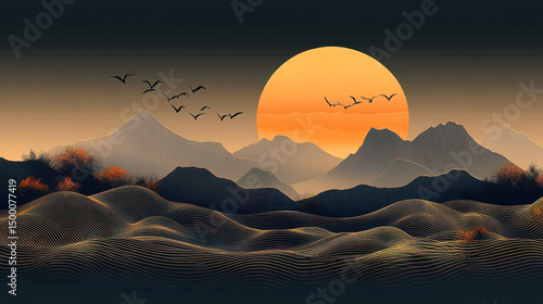 Abstract Mountain Landscape with Birds and Golden Sunrise on Dark Grey Background
