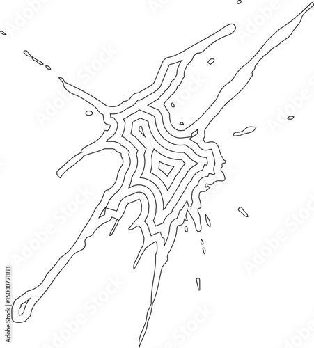 Concentric splash design with ink trails aligned vertically and spreading from central origin.