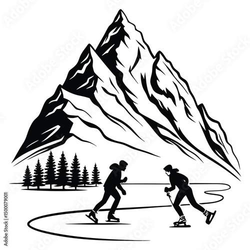 silhouettes of skiers on a mountain