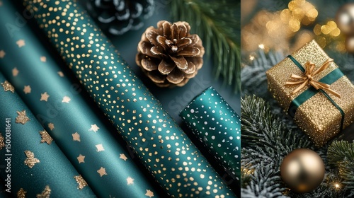 Elegant Green Wrapping Paper With Gold Accents, Pine Cones, and Festive Decorations for Holiday Gifting in a Cozy Atmosphere